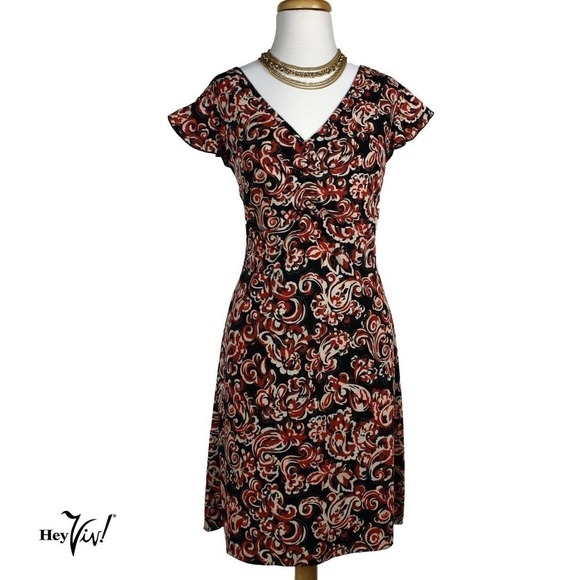 Vintage Mixit Black & Red Floral V Neck, Cap Sleeve, Mini Dress, Sz L - Hey Viv - Picture 1 of 7